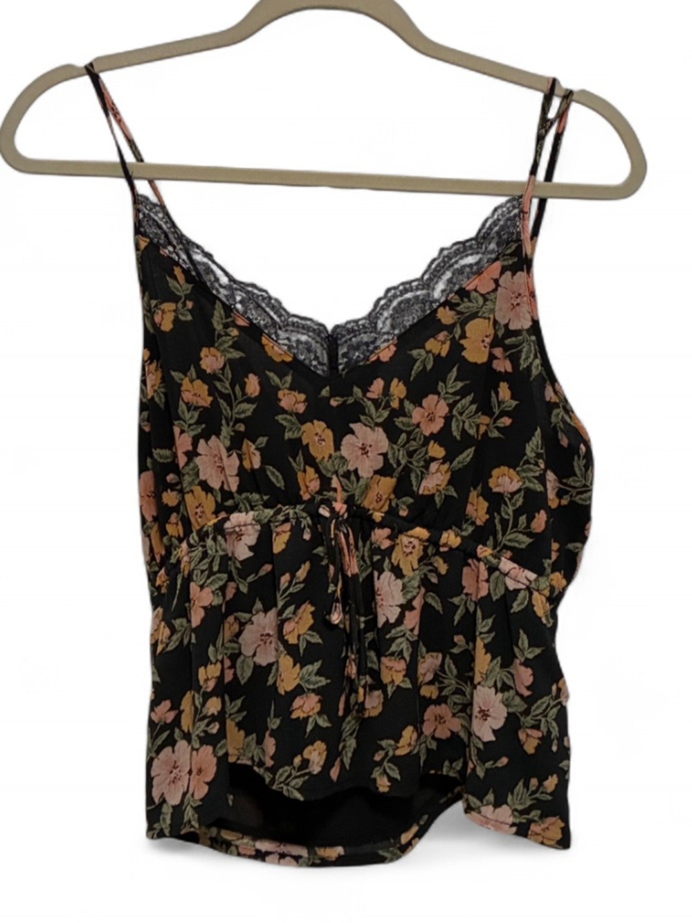 American Eagle Dark Gray Floral Lace-Trim Cami Tank Top